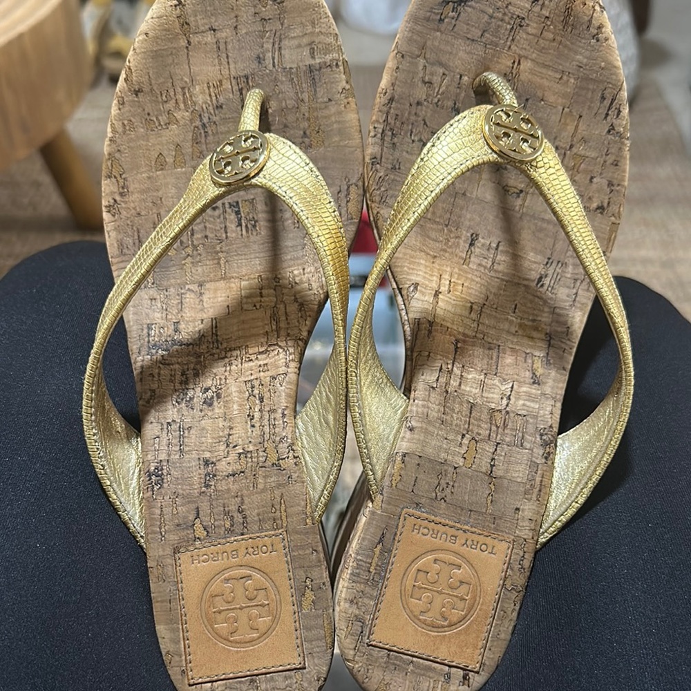 Tory Burch Gold Metallic Cork Flip Flop Sandals